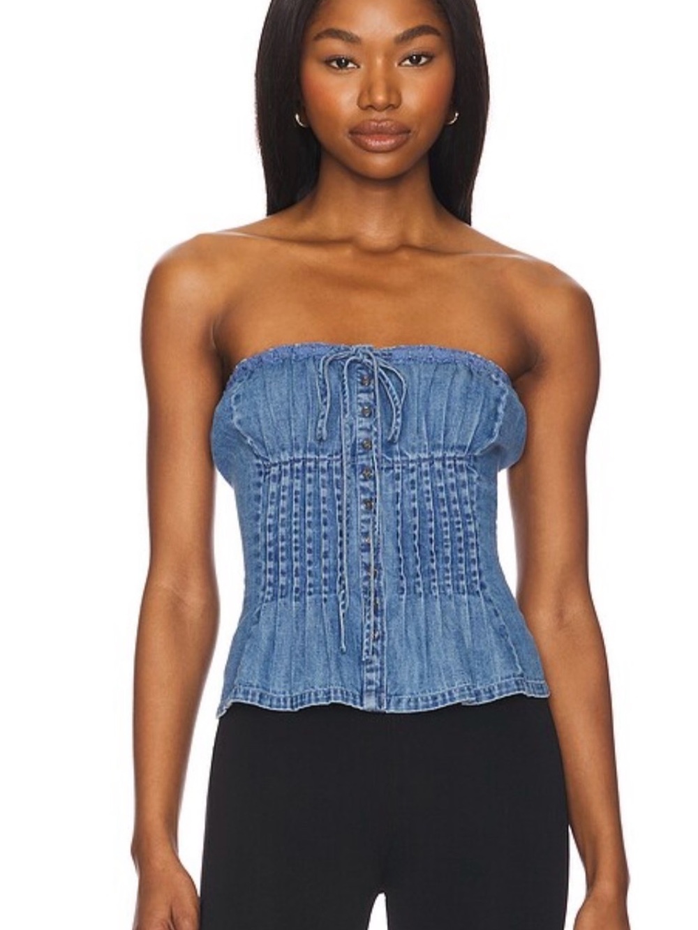 Free People Denim-Look Strapless Top - Blue